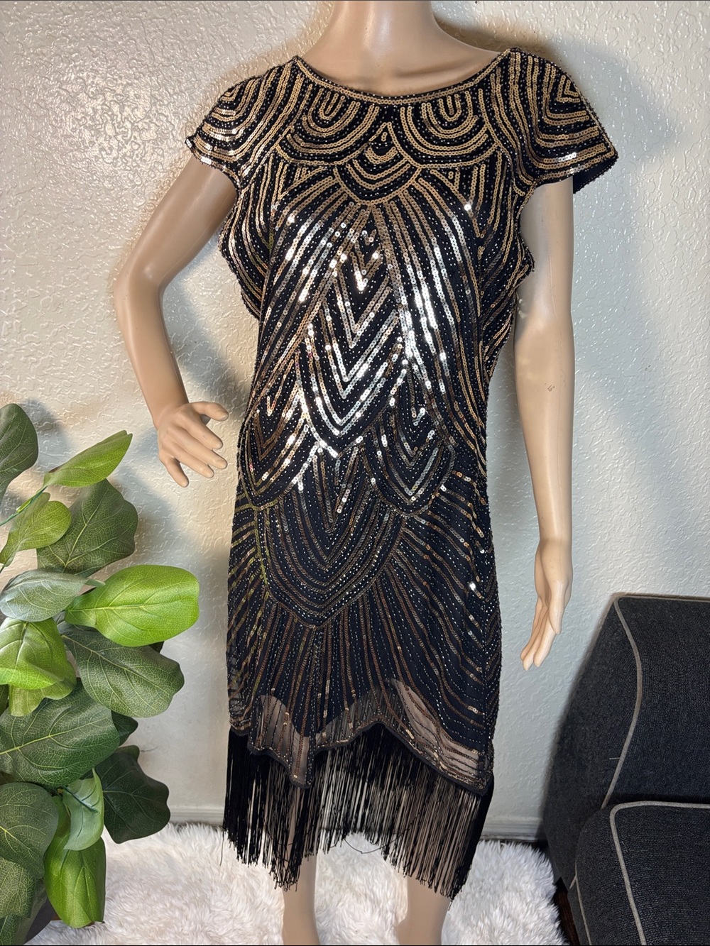 Black and Gold Sequin Fringe Dress sexy dress